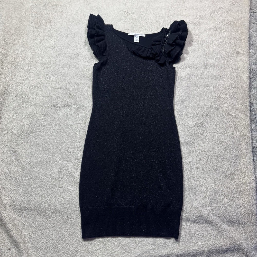 Diane Von Furstenberg‎ Dress Womens Size P Black Ruffle Sleeve Sparkly Sequin